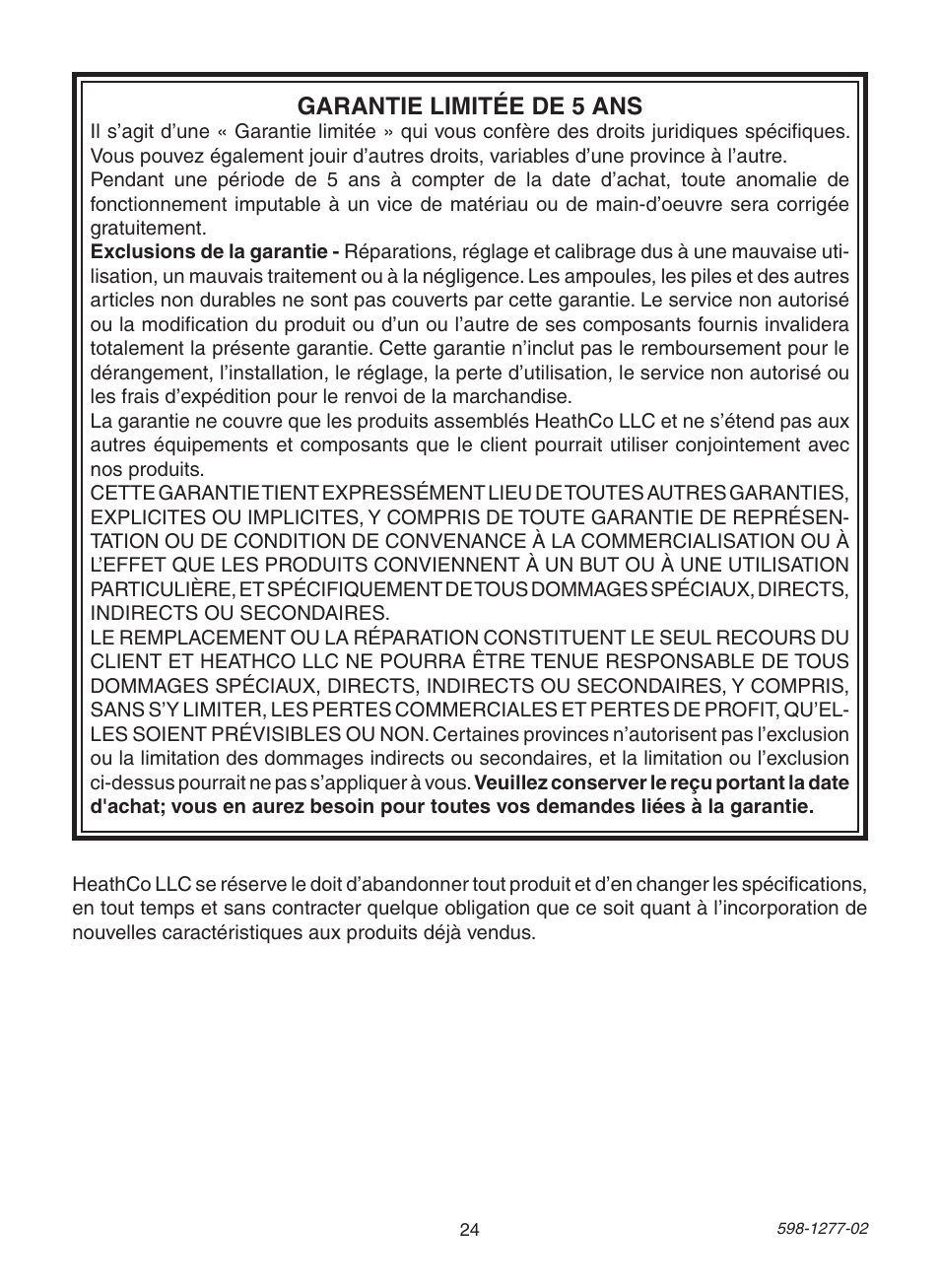 Garantie limitée de 5 ans | Heath Zenith SL-4290 Series User Manual | Page 24 / 24