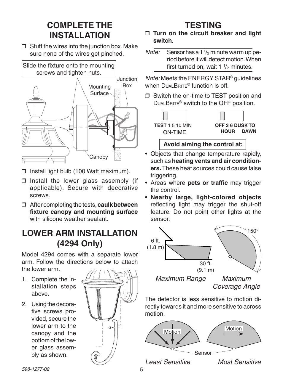 Complete the installation, Lower arm installation (4294 only), Testing | Heath Zenith SL-4290 Series User Manual | Page 5 / 24