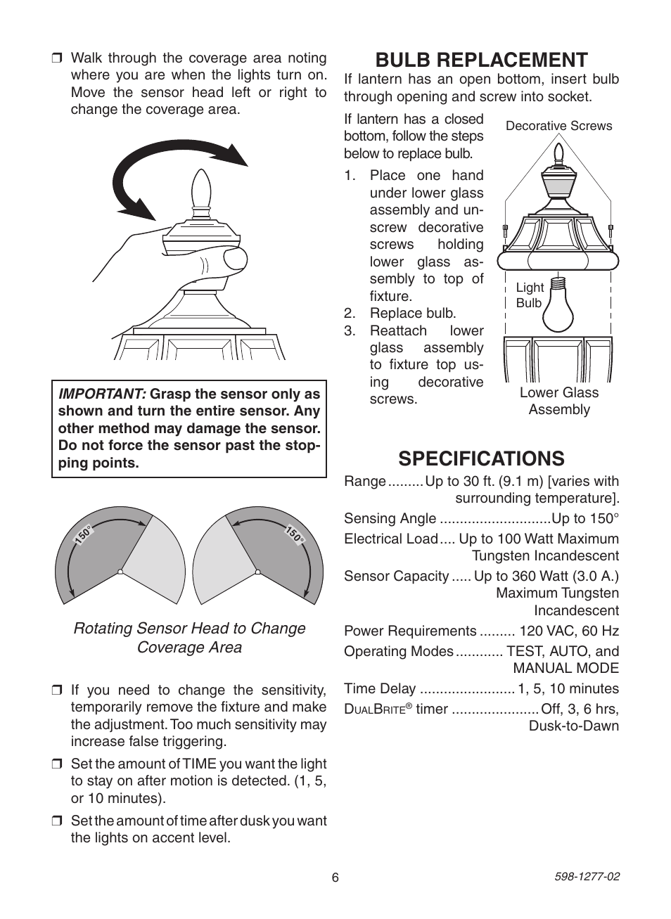 Specifications, Bulb replacement | Heath Zenith SL-4290 Series User Manual | Page 6 / 24