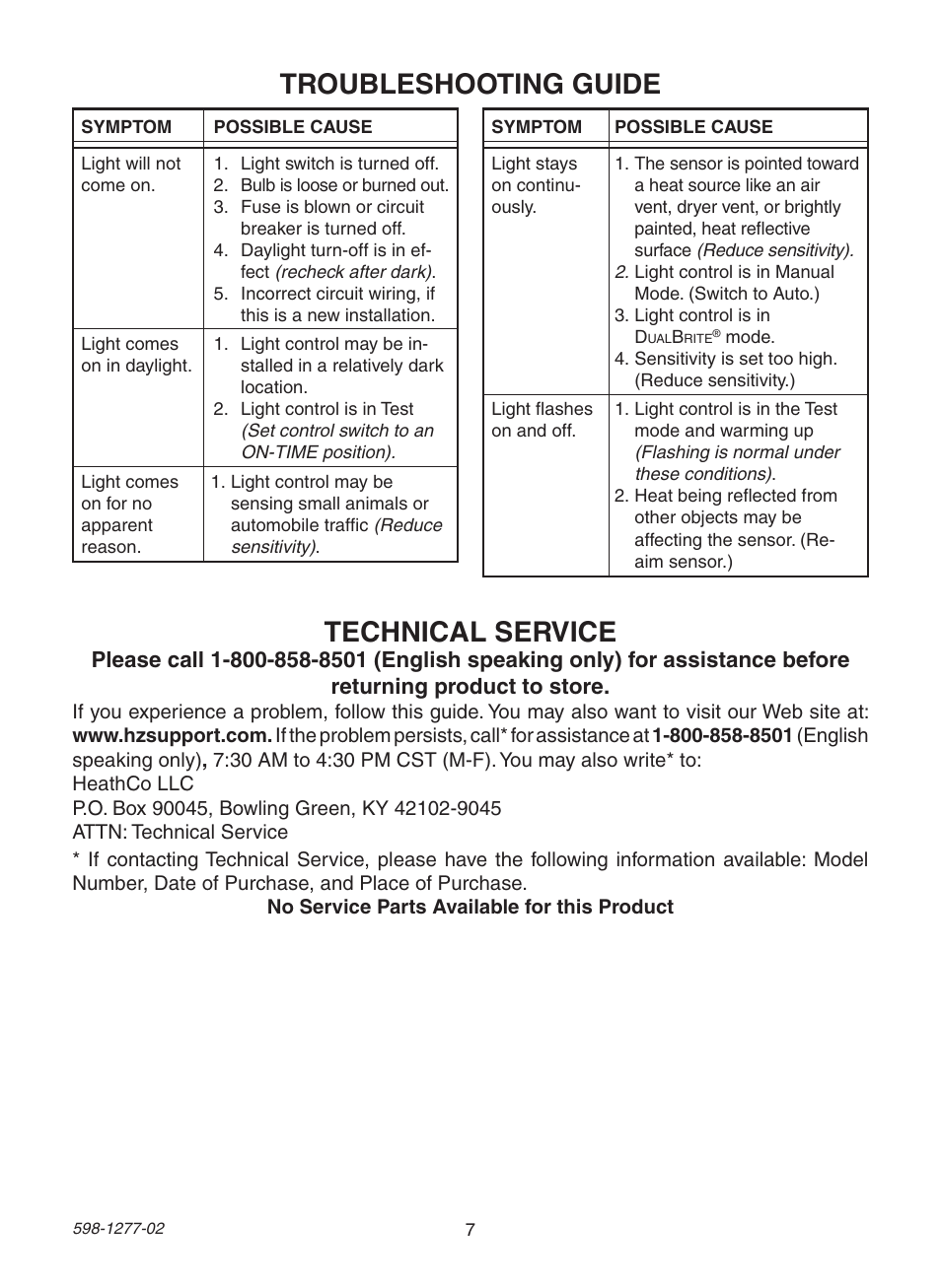 Troubleshooting guide, Technical service | Heath Zenith SL-4290 Series User Manual | Page 7 / 24