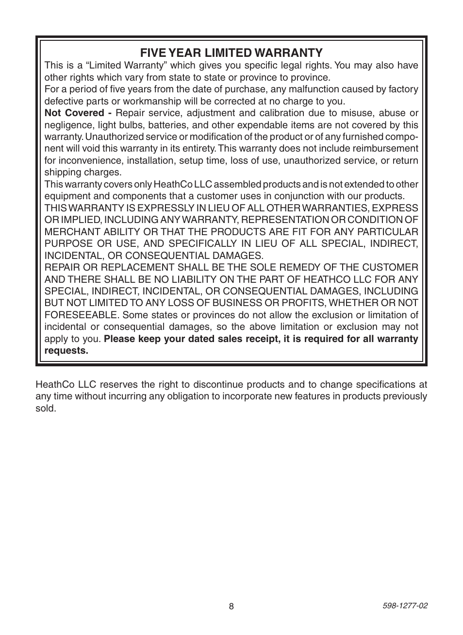 Five year limited warranty | Heath Zenith SL-4290 Series User Manual | Page 8 / 24