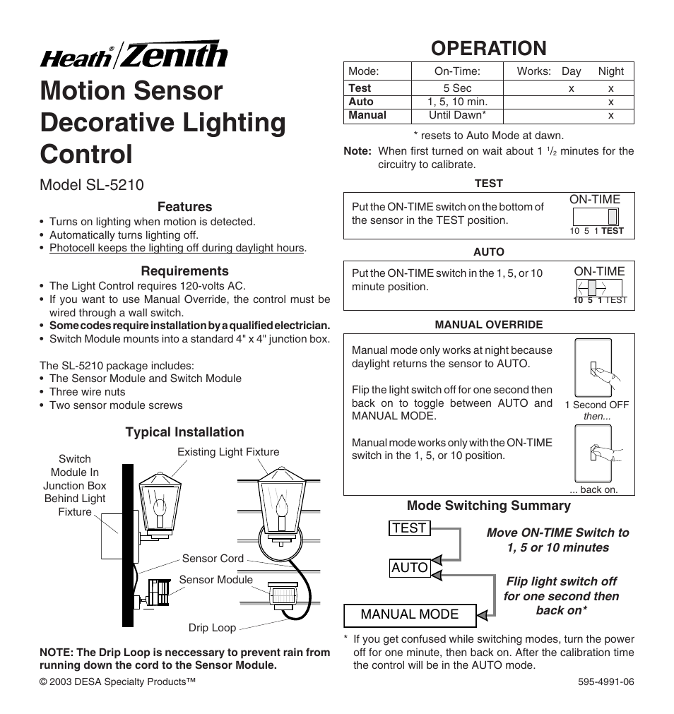 Heath Zenith DESA SPECIALTY PRODUCTSTM SL-5210 User Manual | 12 pages