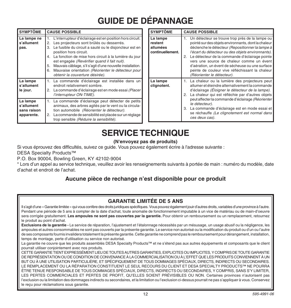 Guide de dépannage, Service technique, Garantie limitée de 5 ans | Heath Zenith DESA SPECIALTY PRODUCTSTM SL-5210 User Manual | Page 12 / 12