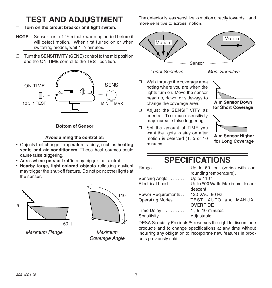 Test and adjustment, Specifications | Heath Zenith DESA SPECIALTY PRODUCTSTM SL-5210 User Manual | Page 3 / 12
