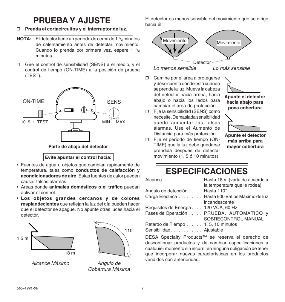 Especificaciones, Prueba y ajuste | Heath Zenith DESA SPECIALTY PRODUCTSTM SL-5210 User Manual | Page 7 / 12