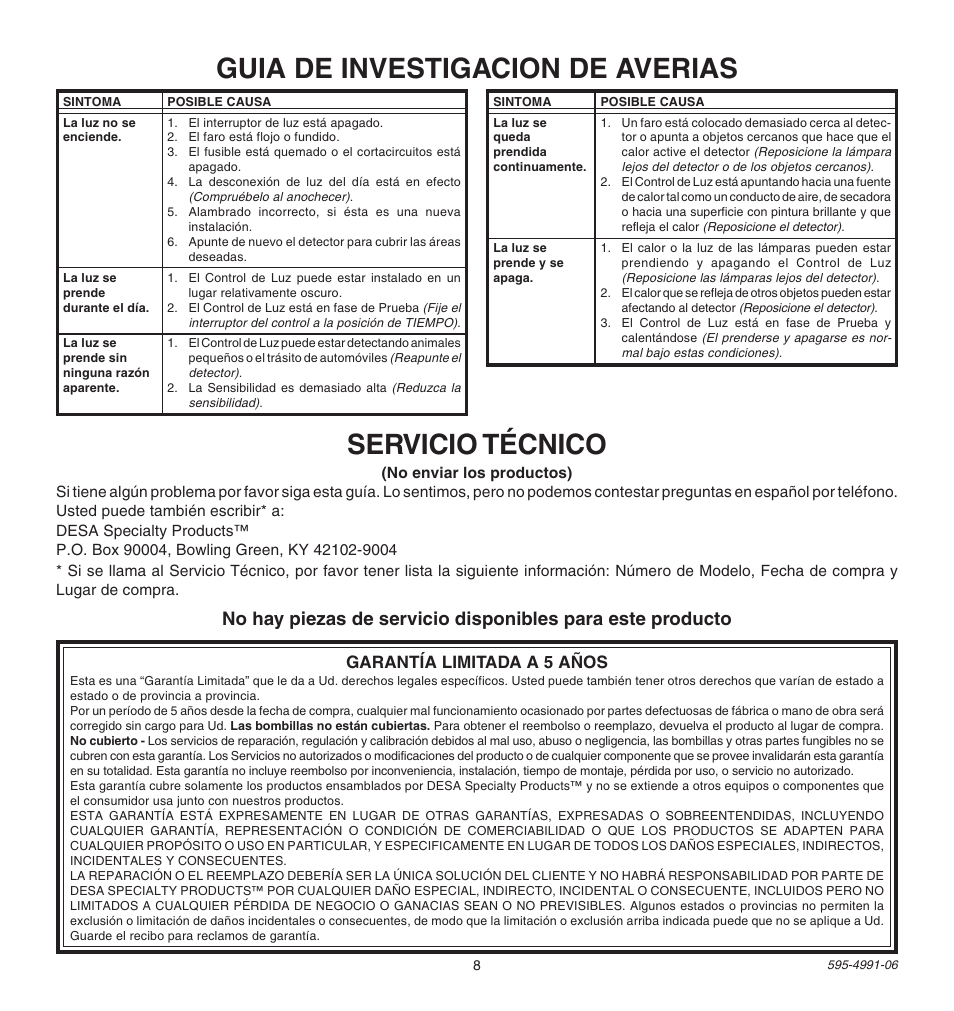 Guia de investigacion de averias, Servicio técnico, Garantía limitada a 5 años | Heath Zenith DESA SPECIALTY PRODUCTSTM SL-5210 User Manual | Page 8 / 12