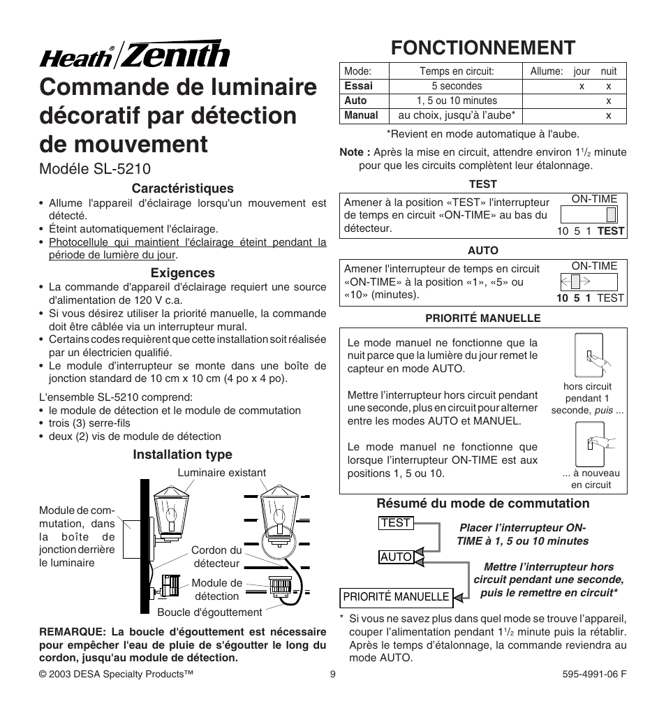 Fonctionnement, Modéle sl-5210 | Heath Zenith DESA SPECIALTY PRODUCTSTM SL-5210 User Manual | Page 9 / 12