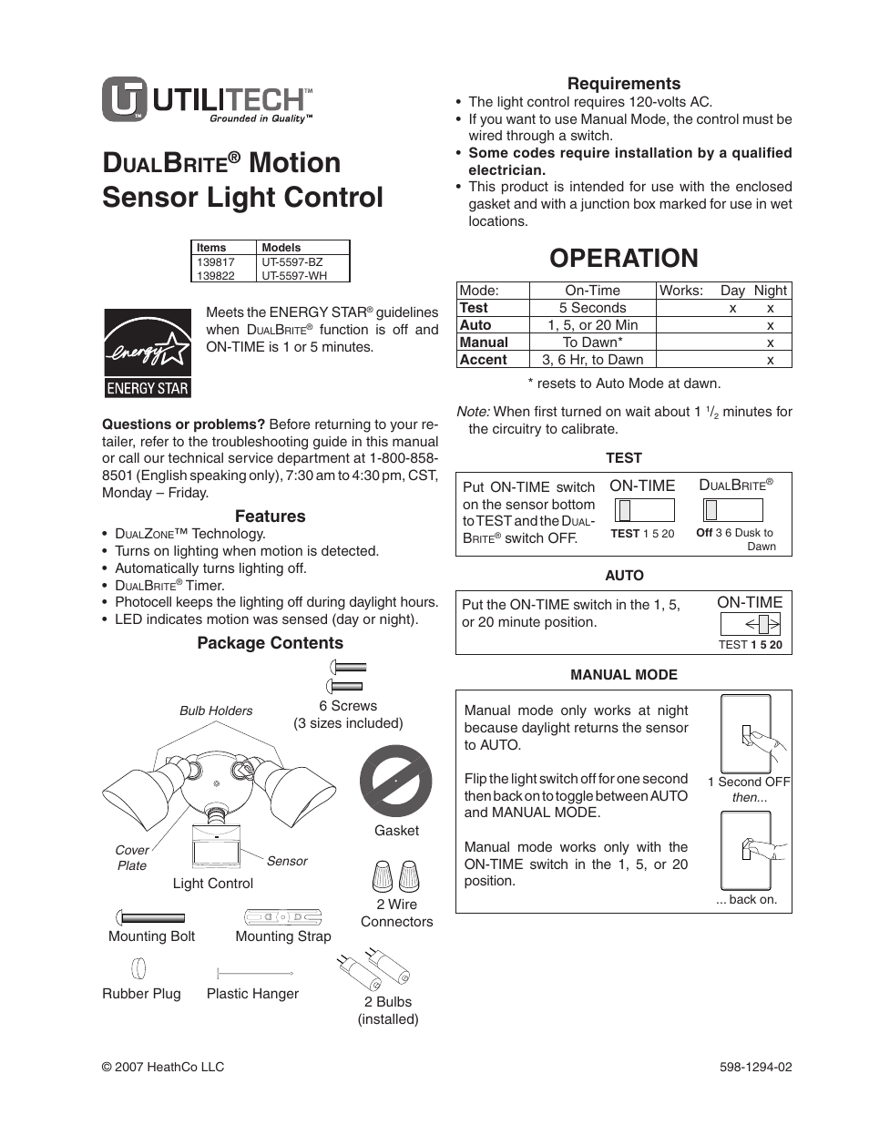 Heath Zenith DualBrite Motion Sensor Light Control UT-5597-WH User Manual | 20 pages