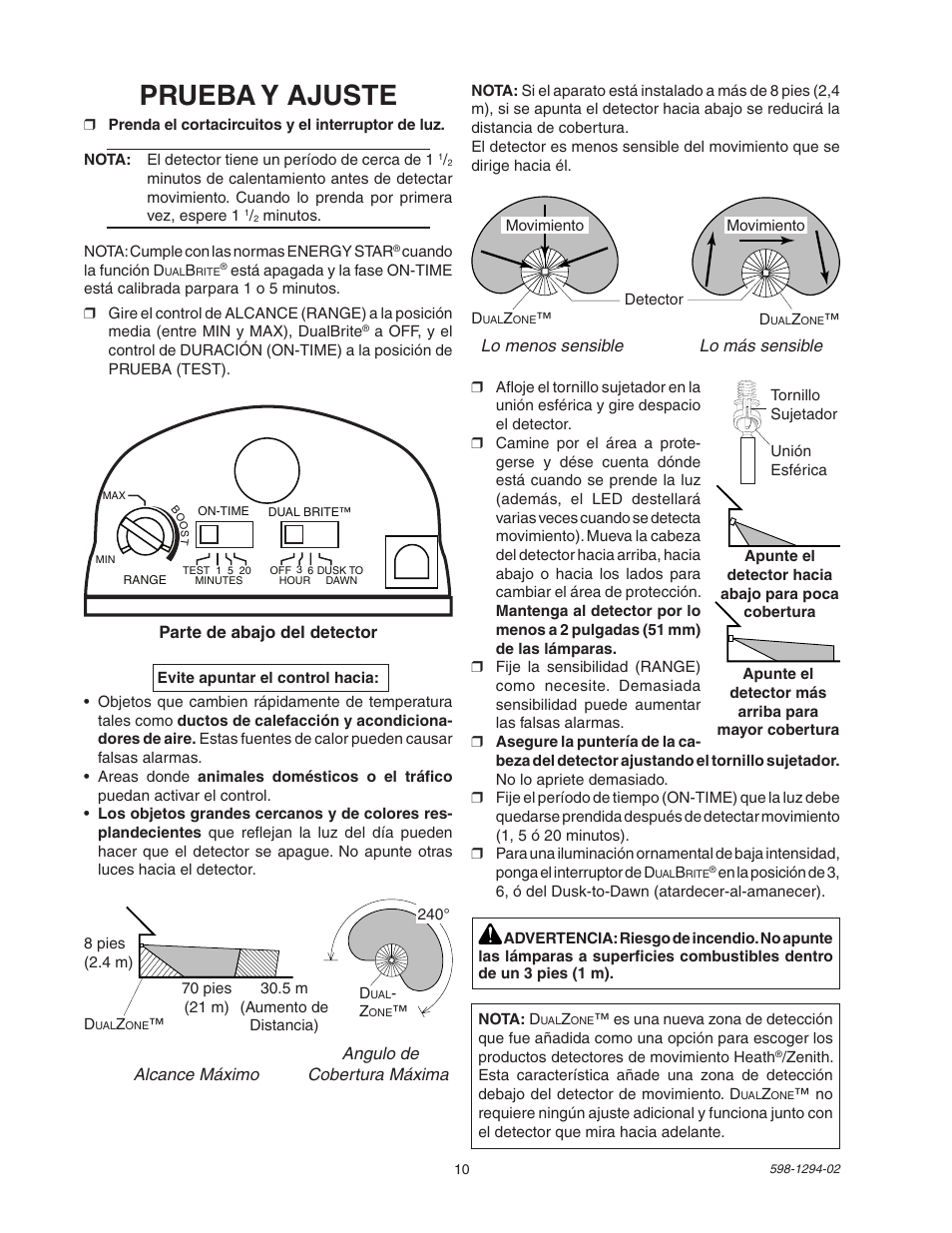 Prueba y ajuste | Heath Zenith DualBrite Motion Sensor Light Control UT-5597-WH User Manual | Page 10 / 20