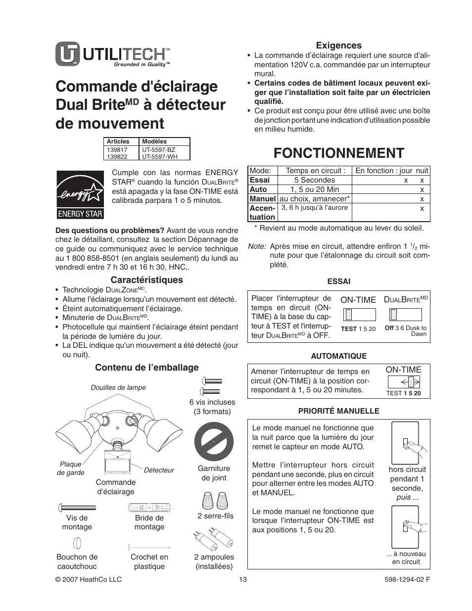 Commande d'éclairage dual brite, À détecteur de mouvement, Fonctionnement | Exigences, Caractéristiques, Contenu de l’emballage | Heath Zenith DualBrite Motion Sensor Light Control UT-5597-WH User Manual | Page 13 / 20