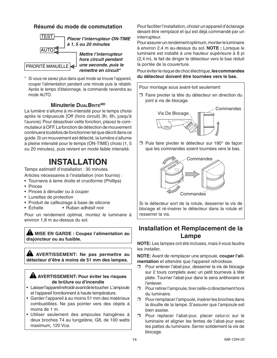 Installation, Installation et remplacement de la lampe | Heath Zenith DualBrite Motion Sensor Light Control UT-5597-WH User Manual | Page 14 / 20
