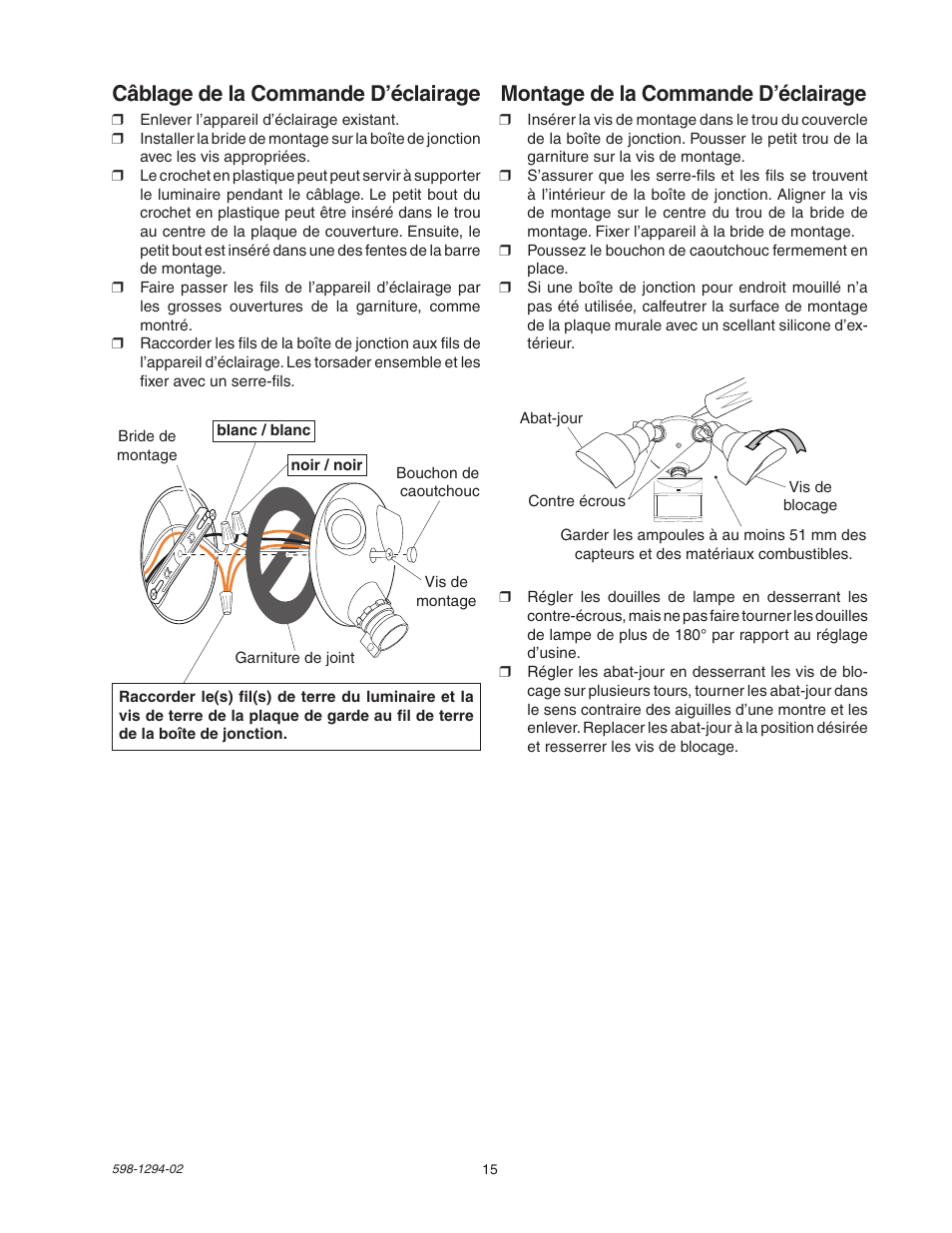 Montage de la commande d’éclairage, Câblage de la commande d’éclairage | Heath Zenith DualBrite Motion Sensor Light Control UT-5597-WH User Manual | Page 15 / 20