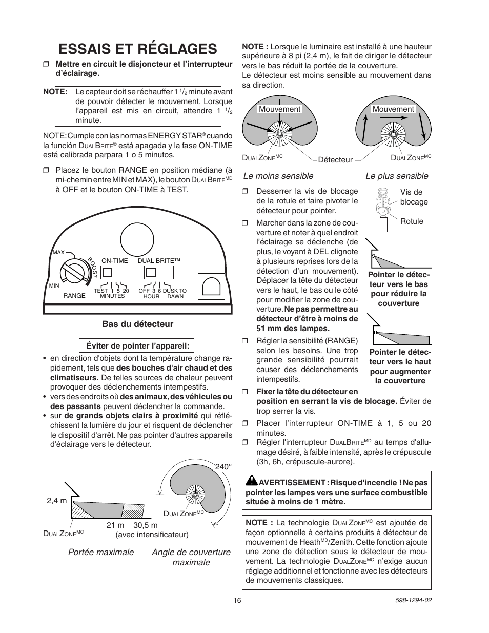 Essais et réglages | Heath Zenith DualBrite Motion Sensor Light Control UT-5597-WH User Manual | Page 16 / 20