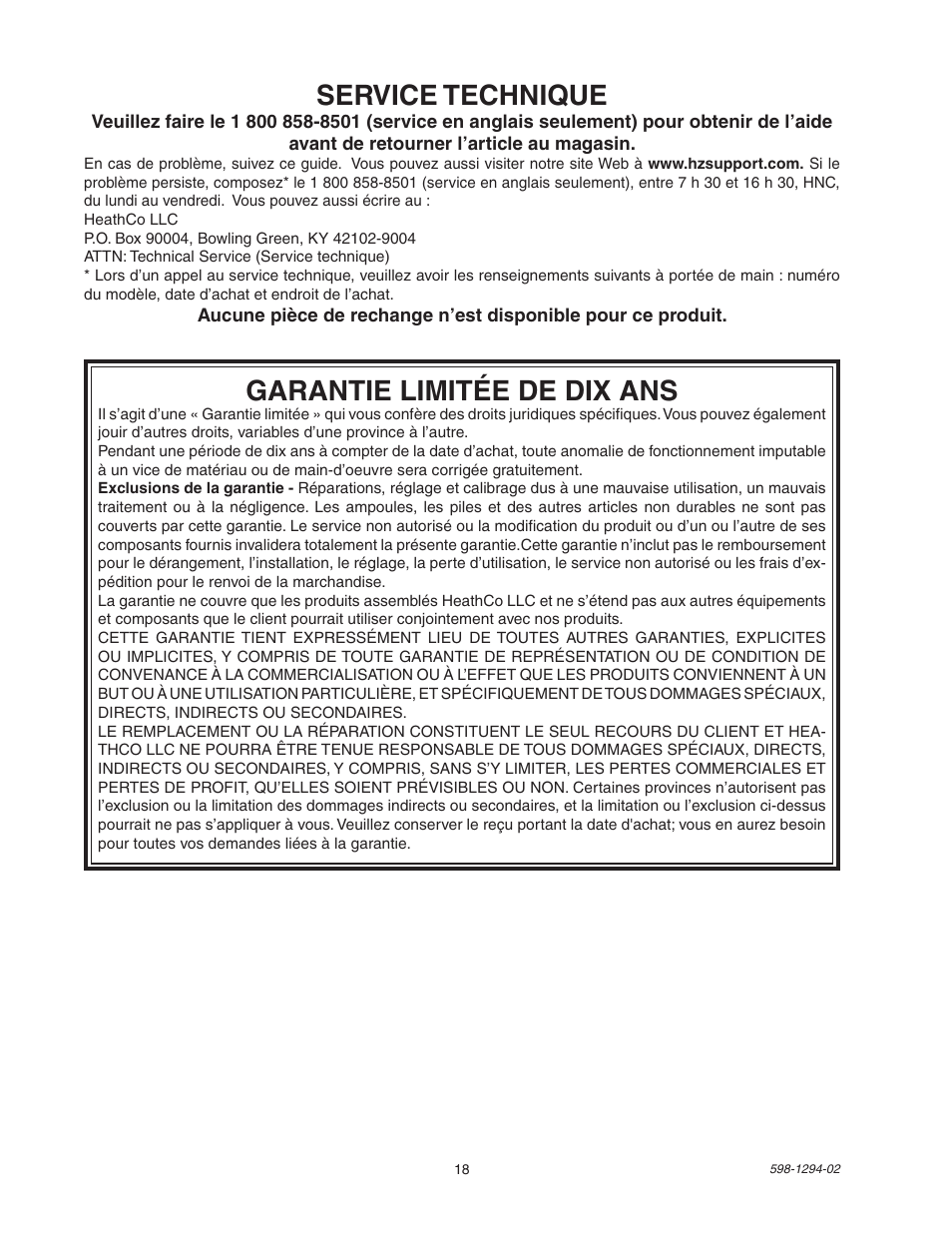 Garantie limitée de dix ans, Service technique | Heath Zenith DualBrite Motion Sensor Light Control UT-5597-WH User Manual | Page 18 / 20