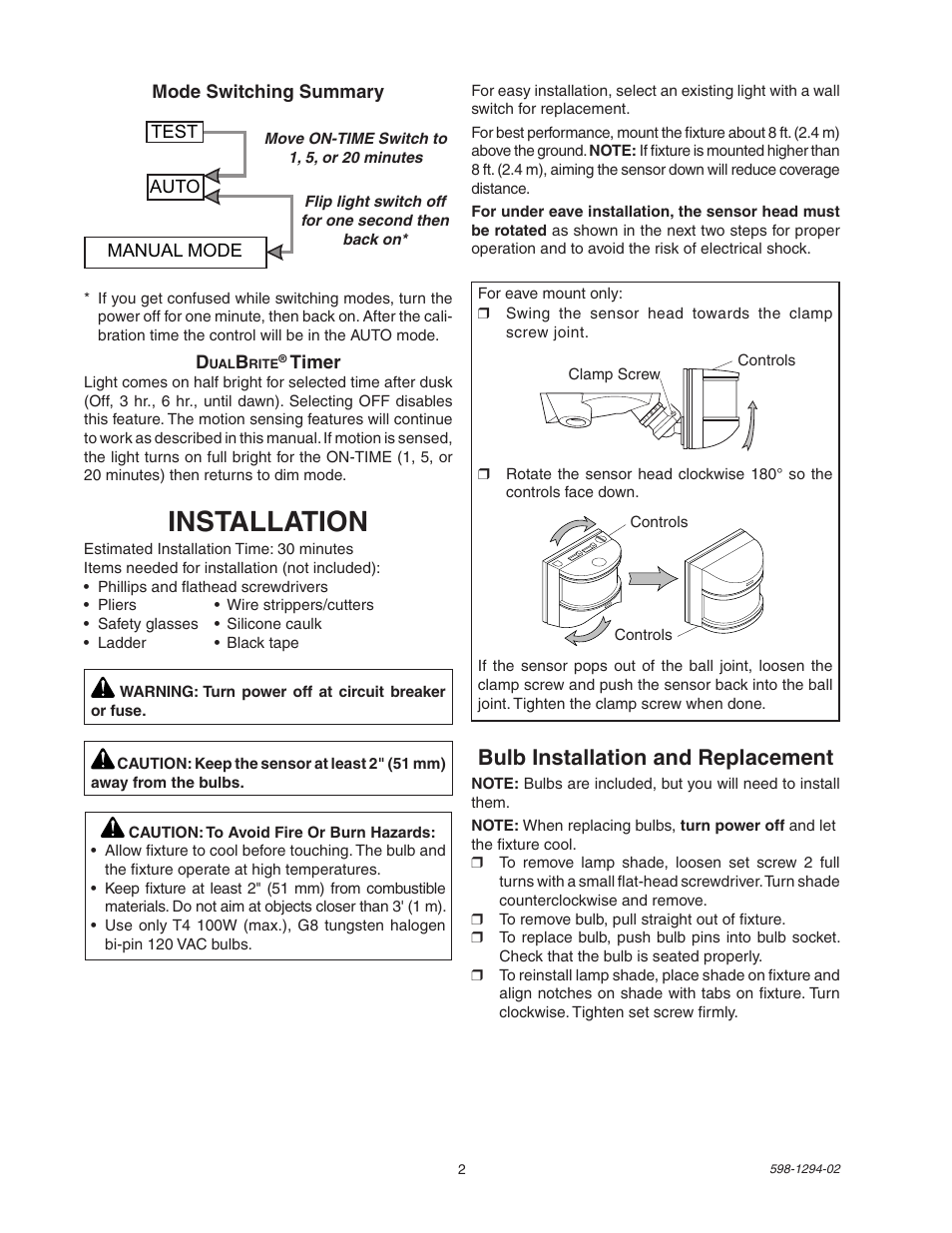 Installation, Bulb installation and replacement | Heath Zenith DualBrite Motion Sensor Light Control UT-5597-WH User Manual | Page 2 / 20