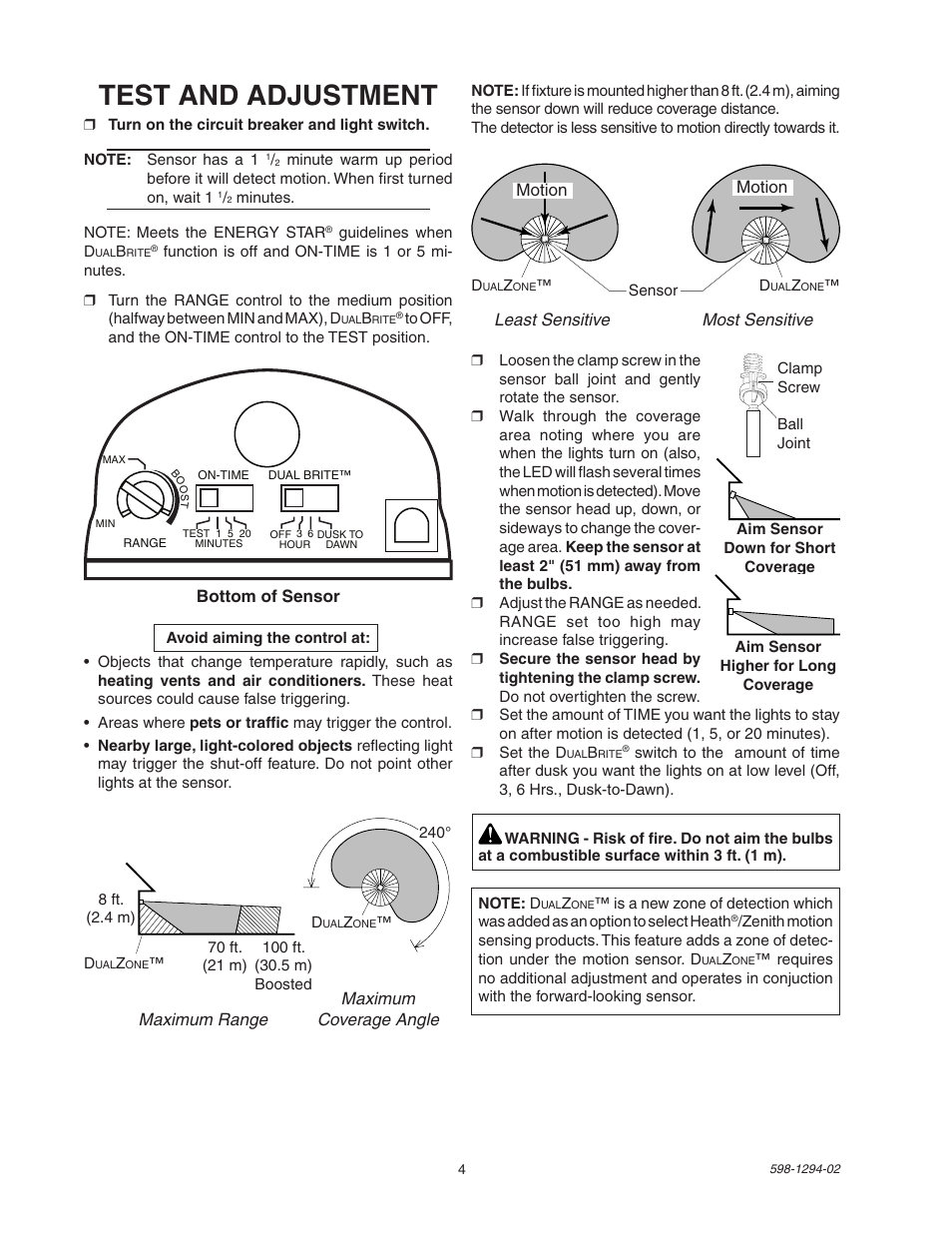 Test and adjustment | Heath Zenith DualBrite Motion Sensor Light Control UT-5597-WH User Manual | Page 4 / 20