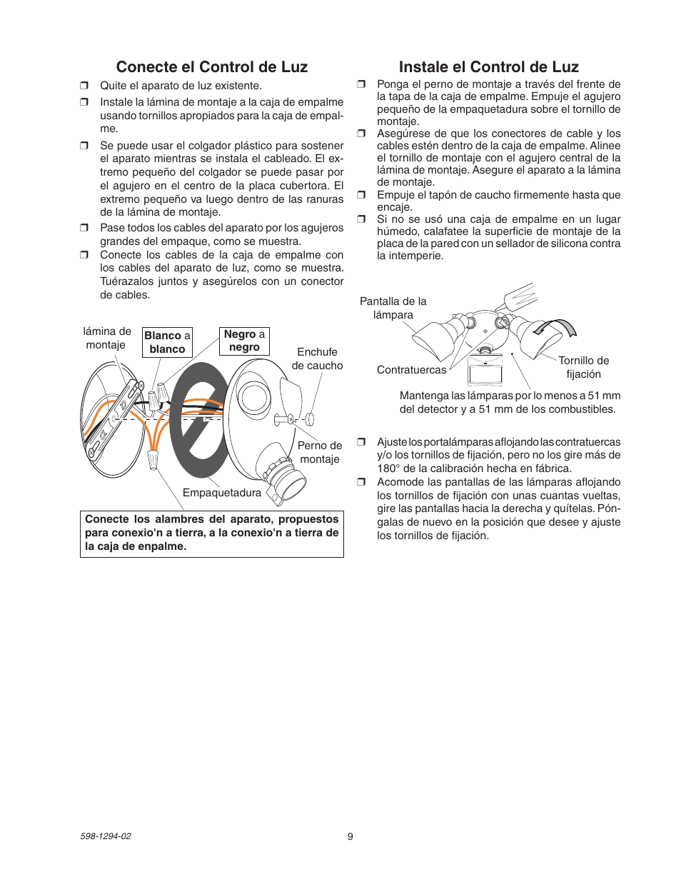 Instale el control de luz, Conecte el control de luz | Heath Zenith DualBrite Motion Sensor Light Control UT-5597-WH User Manual | Page 9 / 20