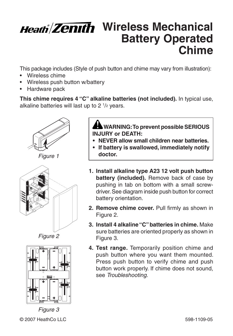 Heath Zenith Wireless Mechanical Battery Operated Chime 598-1109-05 User Manual | 28 pages