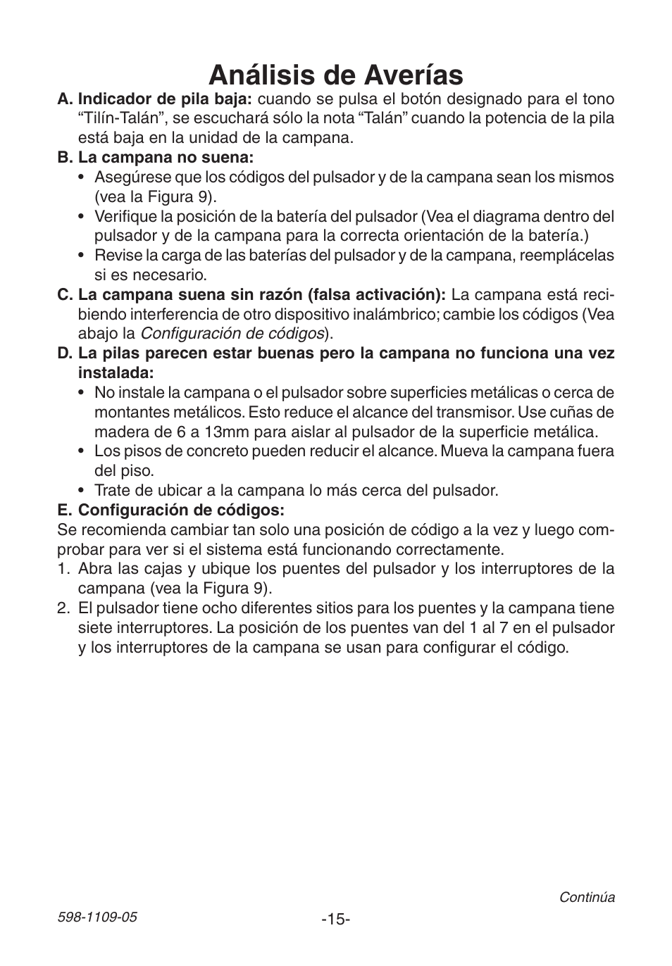 Análisis de averías | Heath Zenith Wireless Mechanical Battery Operated Chime 598-1109-05 User Manual | Page 15 / 28