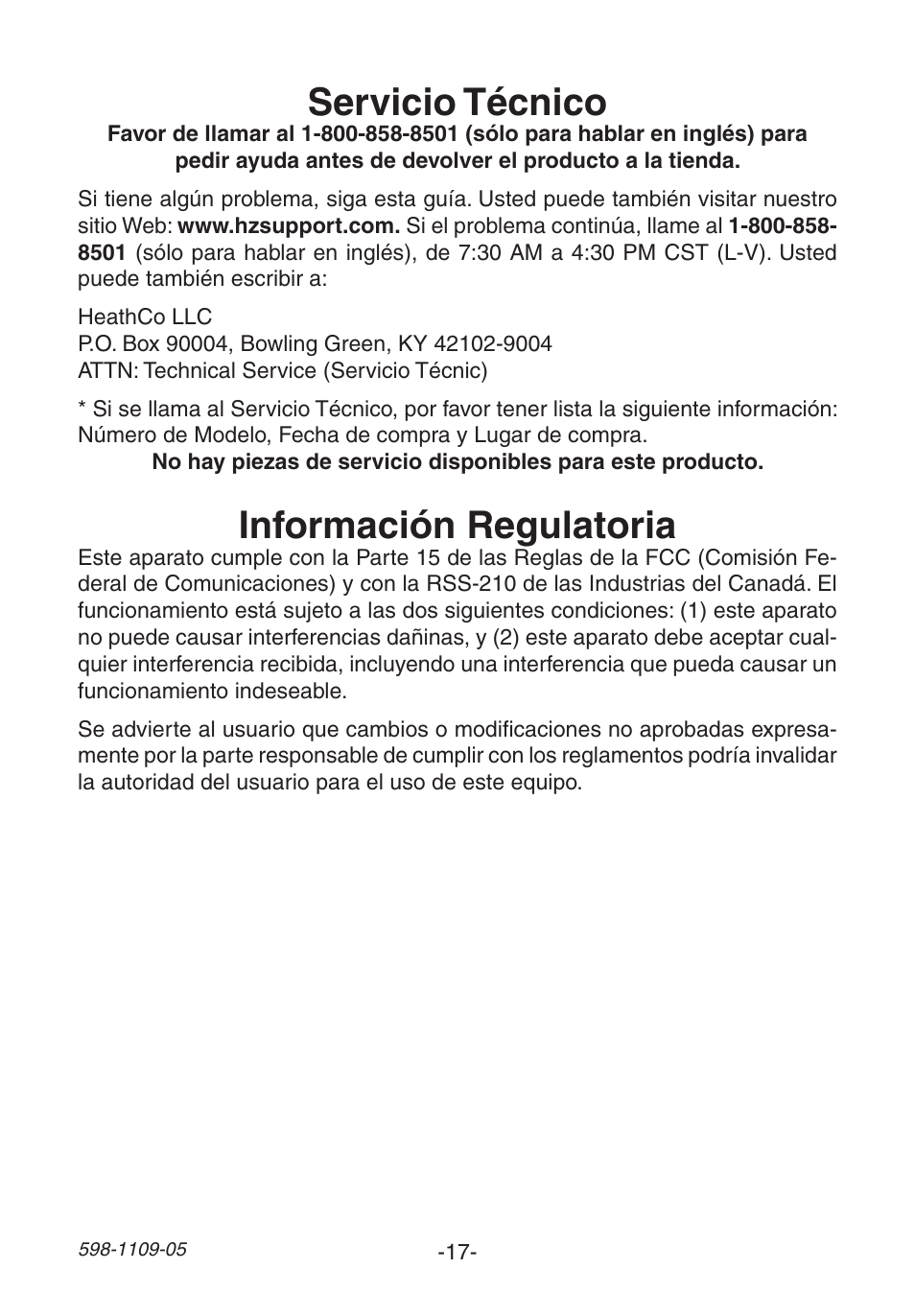 Servicio técnico, Información regulatoria | Heath Zenith Wireless Mechanical Battery Operated Chime 598-1109-05 User Manual | Page 17 / 28