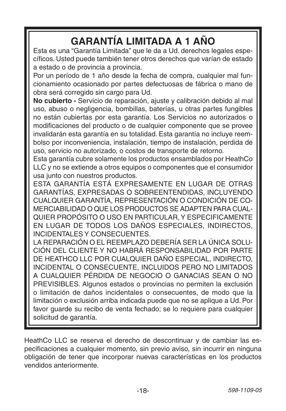 Garantía limitada a 1 año | Heath Zenith Wireless Mechanical Battery Operated Chime 598-1109-05 User Manual | Page 18 / 28