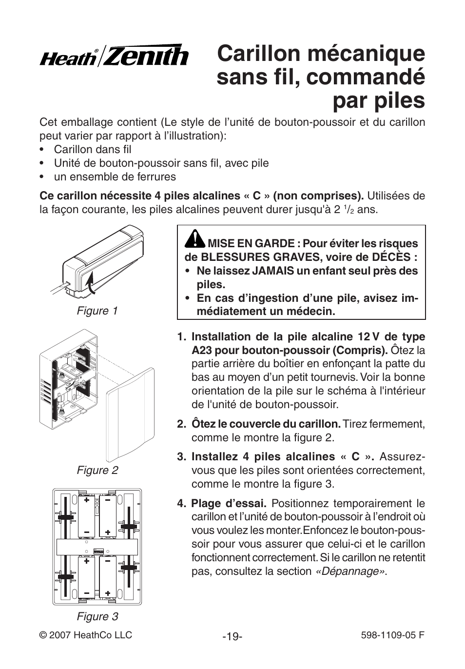 Carillon mécanique sans fil, commandé par piles | Heath Zenith Wireless Mechanical Battery Operated Chime 598-1109-05 User Manual | Page 19 / 28