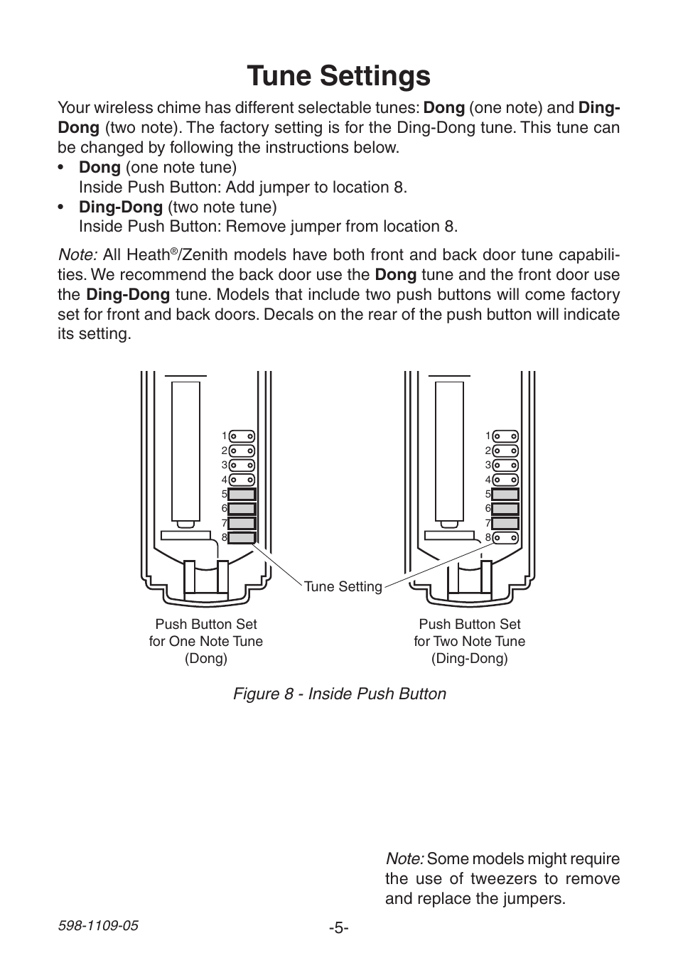 Tune settings | Heath Zenith Wireless Mechanical Battery Operated Chime 598-1109-05 User Manual | Page 5 / 28