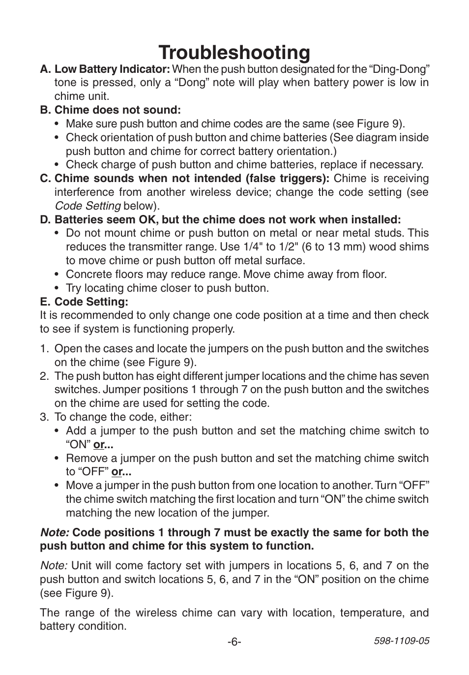 Troubleshooting | Heath Zenith Wireless Mechanical Battery Operated Chime 598-1109-05 User Manual | Page 6 / 28