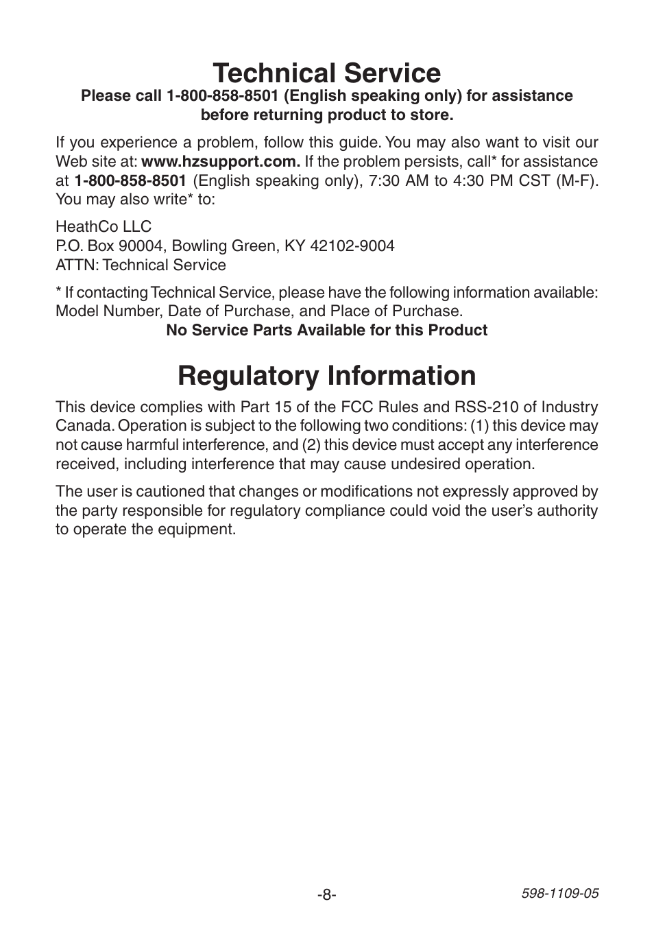 Technical service, Regulatory information | Heath Zenith Wireless Mechanical Battery Operated Chime 598-1109-05 User Manual | Page 8 / 28