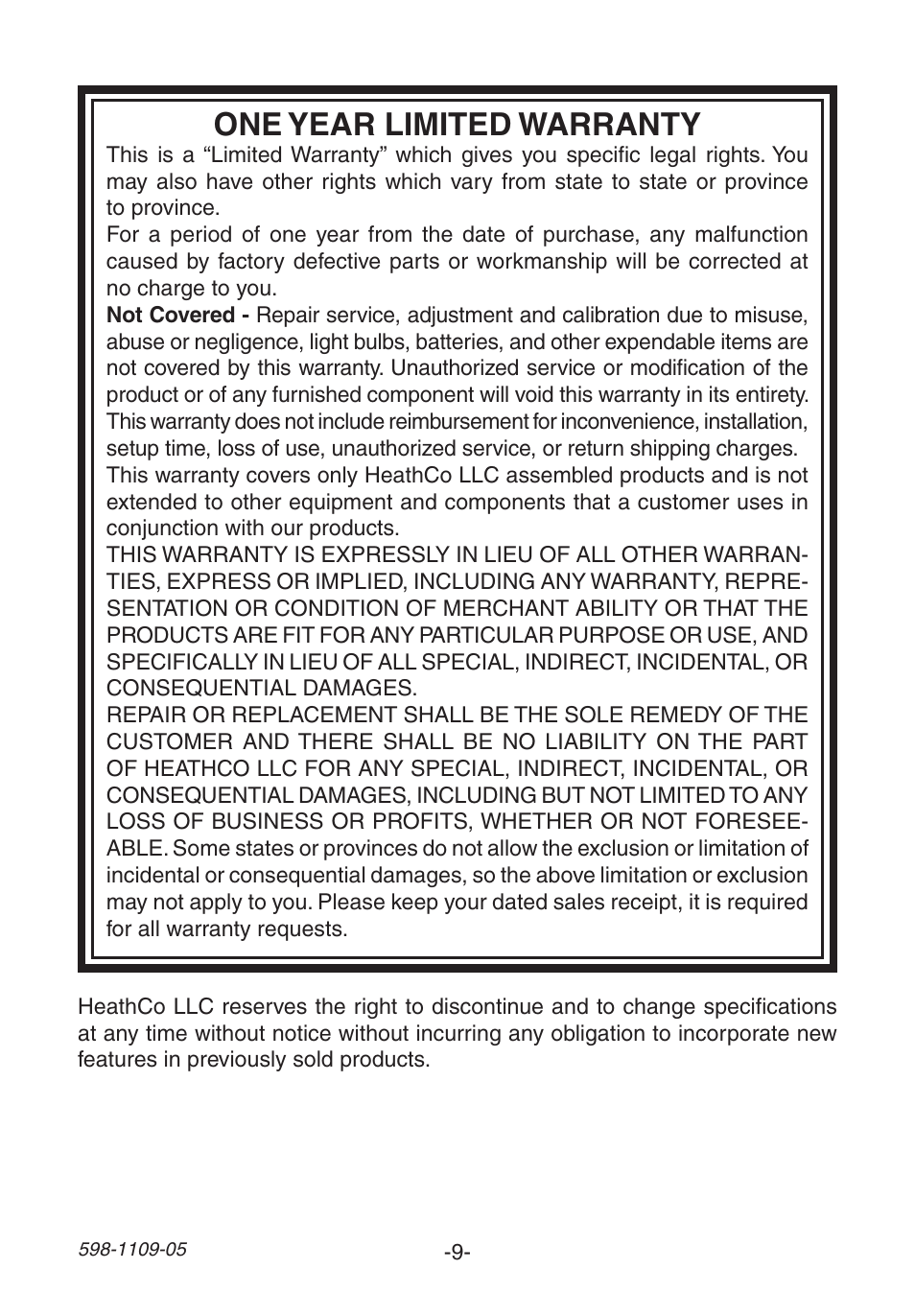 One year limited warranty | Heath Zenith Wireless Mechanical Battery Operated Chime 598-1109-05 User Manual | Page 9 / 28