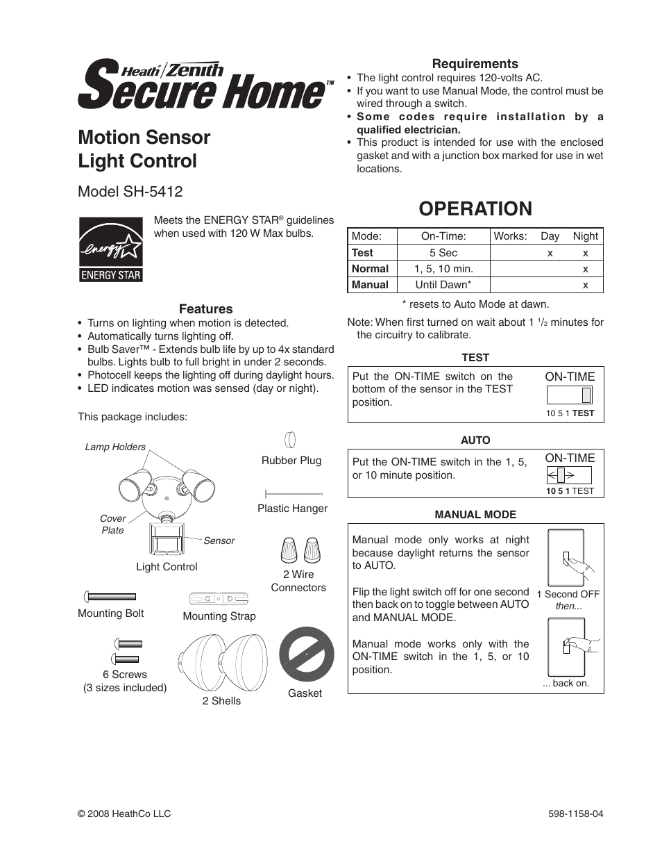 Heath Zenith Motion Sensor Light Control SH-5412 User Manual | 16 pages