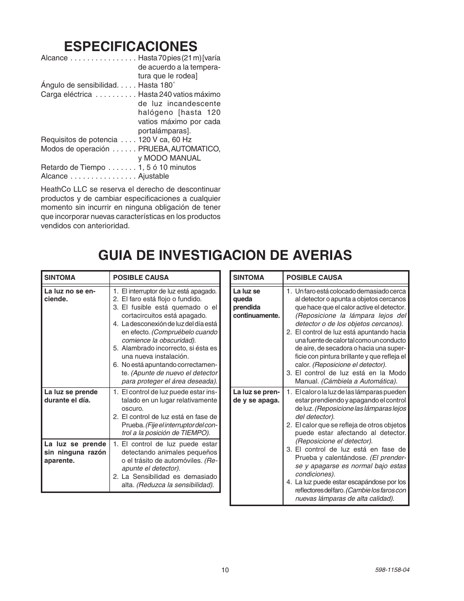 Guia de investigacion de averias, Especificaciones | Heath Zenith Motion Sensor Light Control SH-5412 User Manual | Page 10 / 16