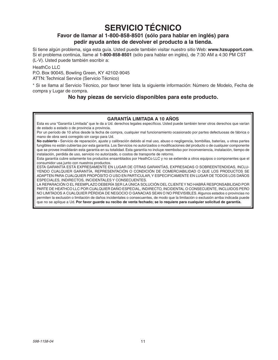 Servicio técnico | Heath Zenith Motion Sensor Light Control SH-5412 User Manual | Page 11 / 16