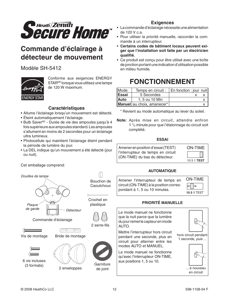 Commande d’éclairage à détecteur de mouvement, Fonctionnement, Modèle sh-5412 | Heath Zenith Motion Sensor Light Control SH-5412 User Manual | Page 12 / 16