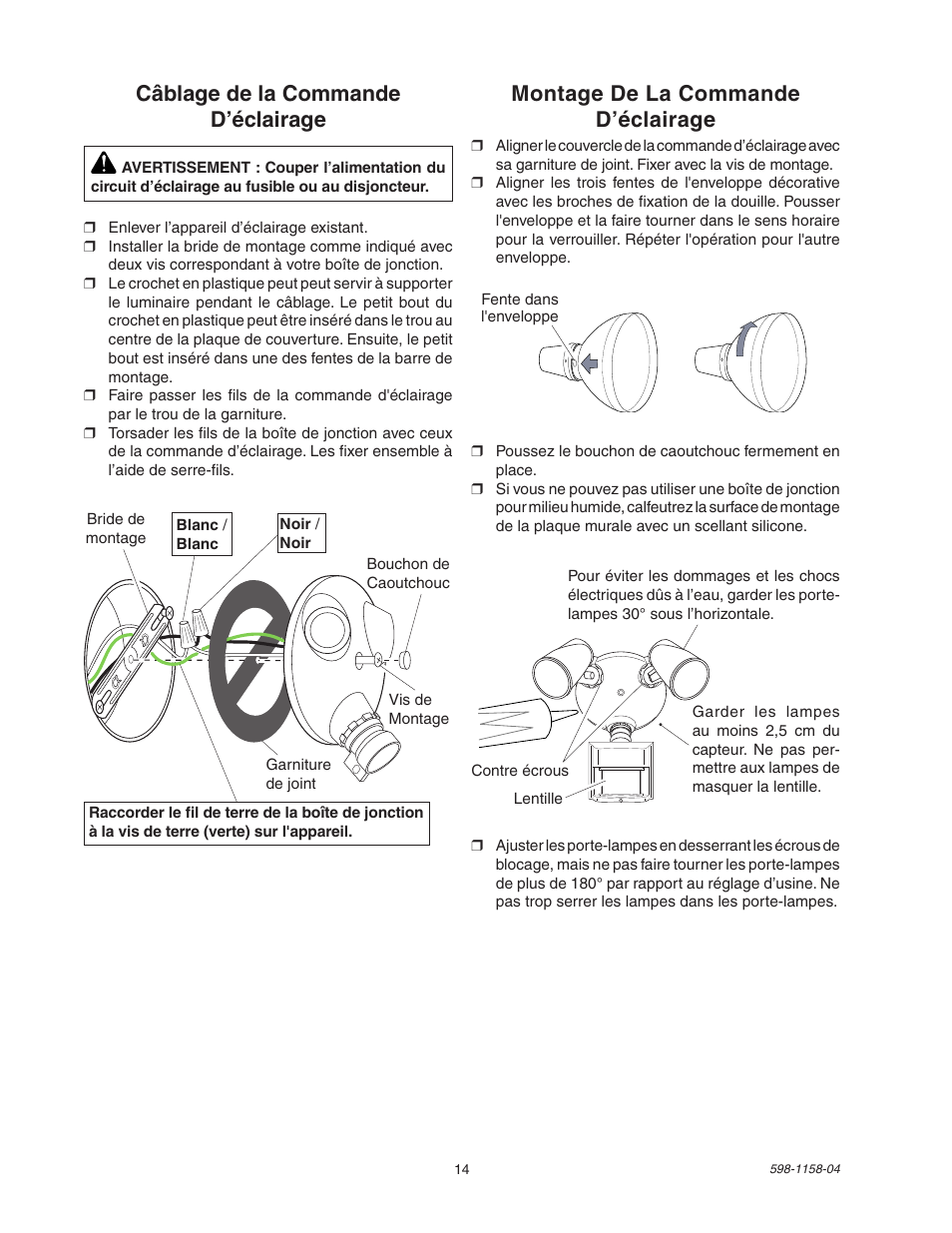 Montage de la commande d’éclairage, Câblage de la commande d’éclairage | Heath Zenith Motion Sensor Light Control SH-5412 User Manual | Page 14 / 16
