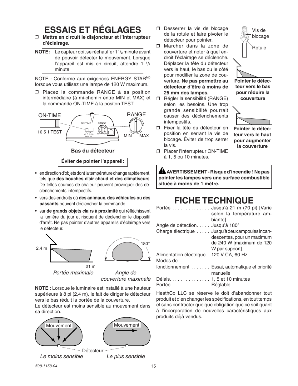 Essais et réglages, Fiche technique | Heath Zenith Motion Sensor Light Control SH-5412 User Manual | Page 15 / 16