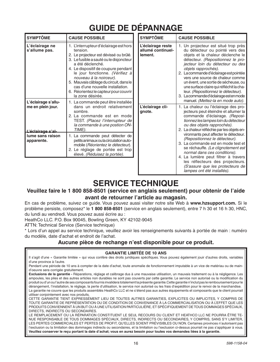 Guide de dépannage, Service technique | Heath Zenith Motion Sensor Light Control SH-5412 User Manual | Page 16 / 16