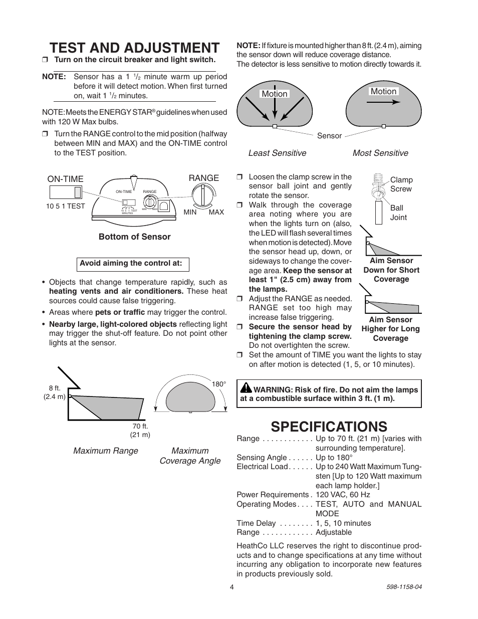 Test and adjustment, Specifications | Heath Zenith Motion Sensor Light Control SH-5412 User Manual | Page 4 / 16