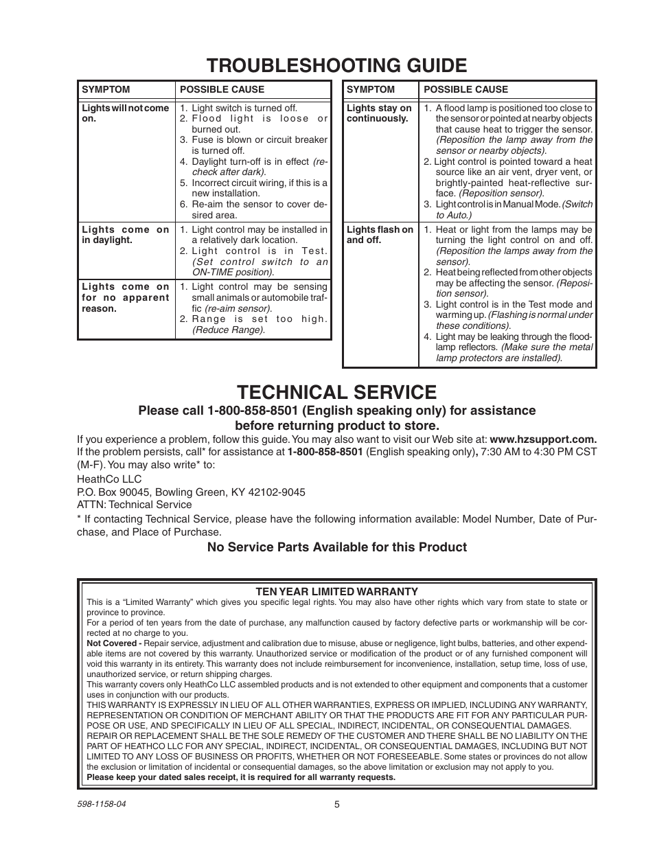Troubleshooting guide technical service | Heath Zenith Motion Sensor Light Control SH-5412 User Manual | Page 5 / 16