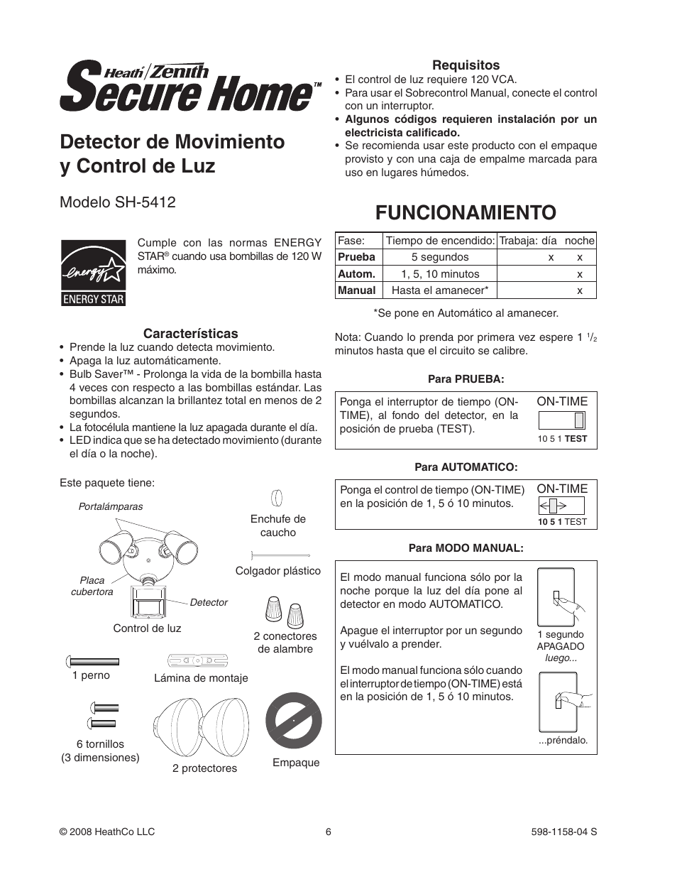 Funcionamiento, Detector de movimiento y control de luz, Modelo sh-5412 | Heath Zenith Motion Sensor Light Control SH-5412 User Manual | Page 6 / 16