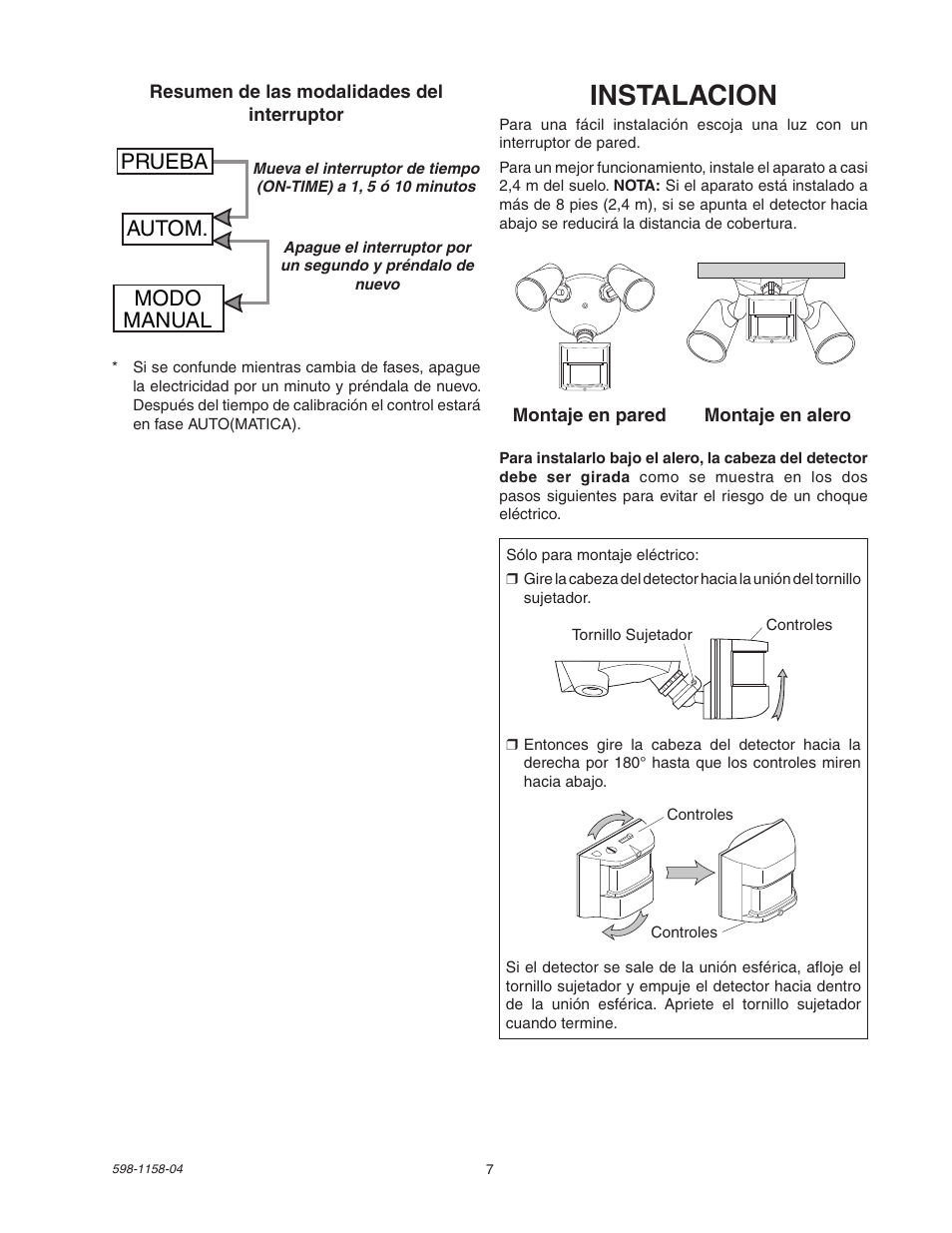Instalacion, Prueba autom. modo manual | Heath Zenith Motion Sensor Light Control SH-5412 User Manual | Page 7 / 16