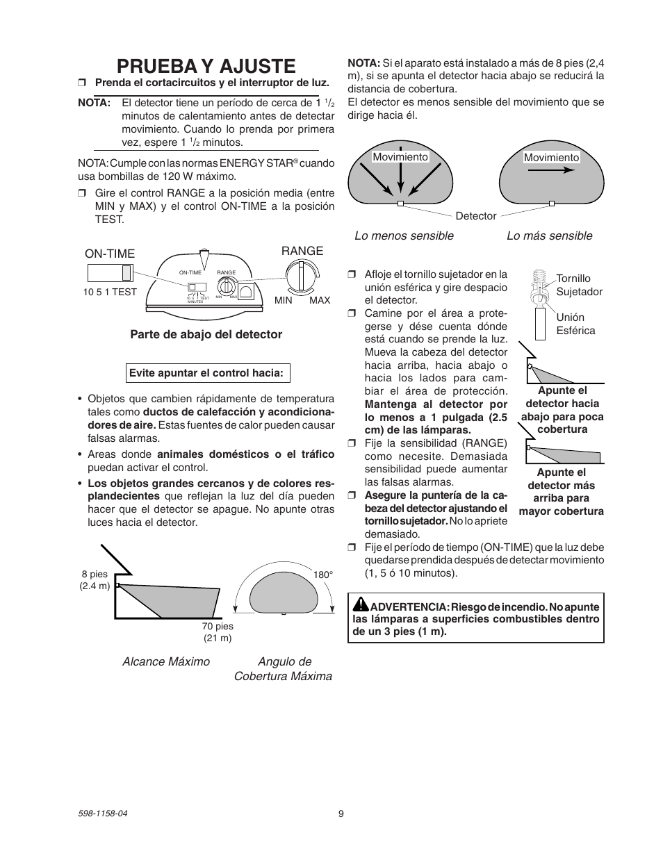 Prueba y ajuste | Heath Zenith Motion Sensor Light Control SH-5412 User Manual | Page 9 / 16