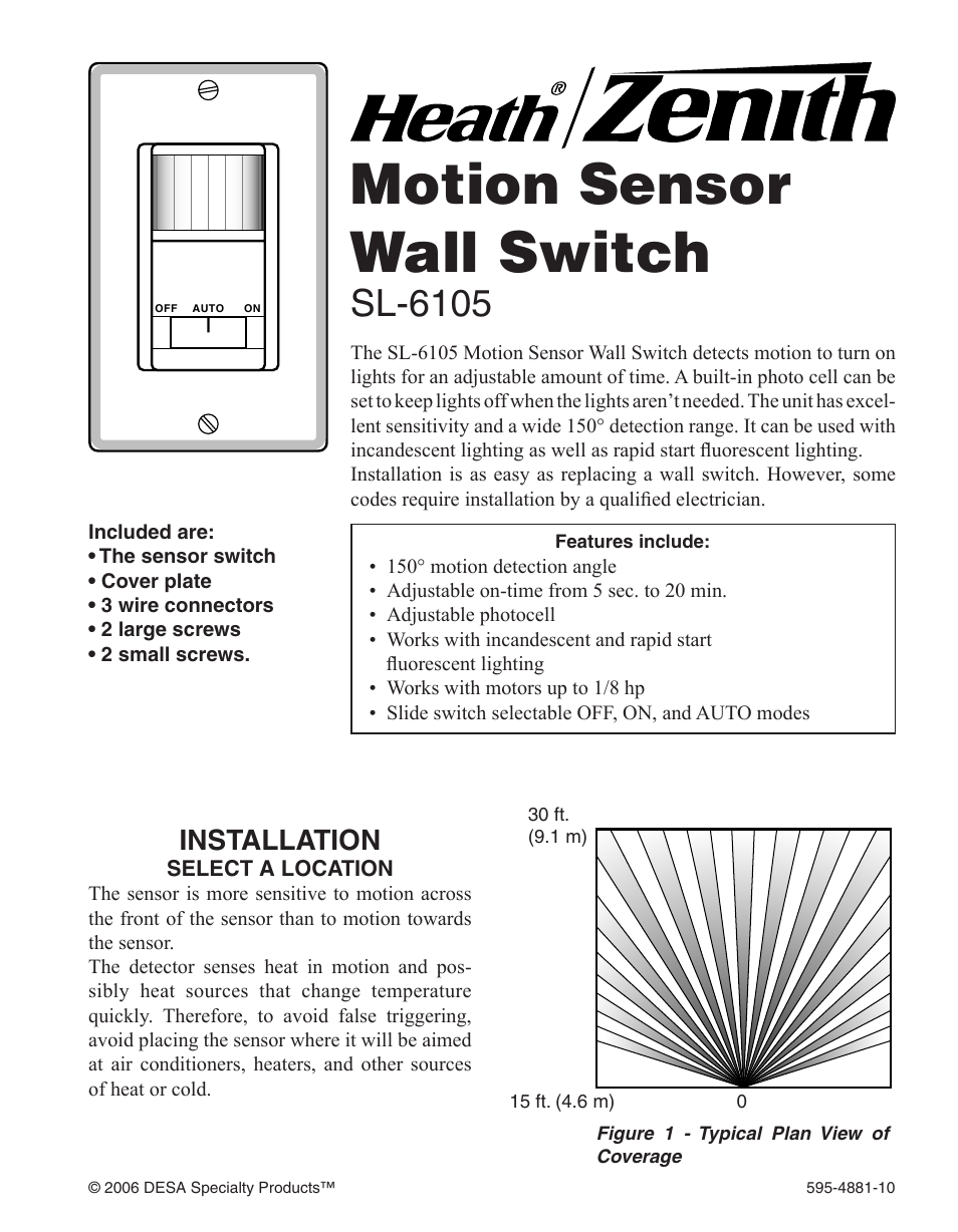 Heath Zenith Motion Sensor Wall Switch SL-6105 User Manual | 12 pages