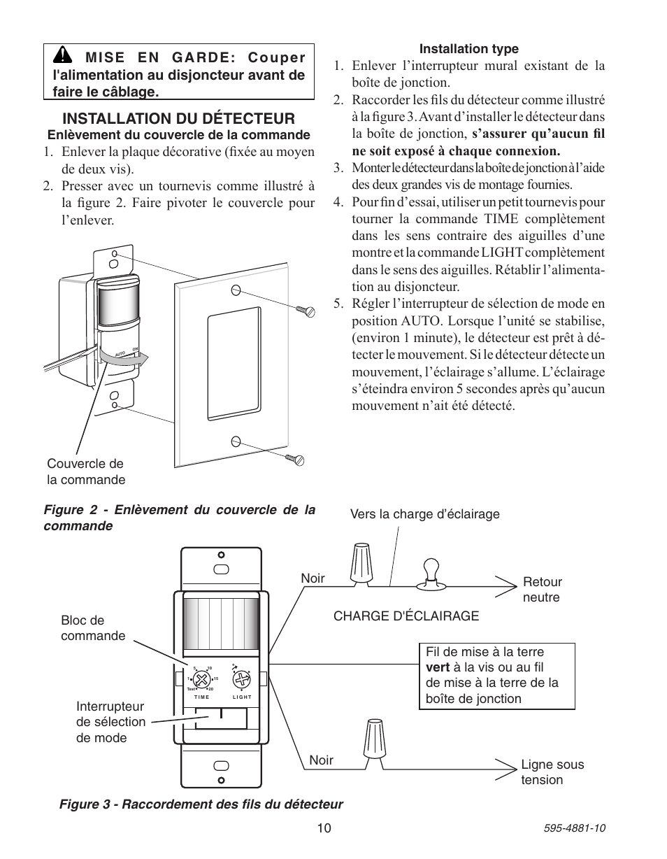Installation du détecteur | Heath Zenith Motion Sensor Wall Switch SL-6105 User Manual | Page 10 / 12