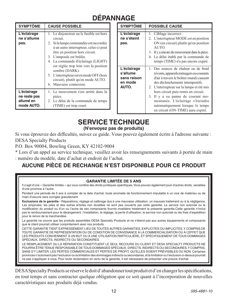 Dépannage, Service technique | Heath Zenith Motion Sensor Wall Switch SL-6105 User Manual | Page 12 / 12