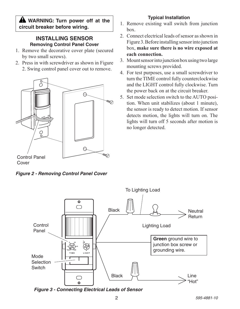 Installing sensor | Heath Zenith Motion Sensor Wall Switch SL-6105 User Manual | Page 2 / 12