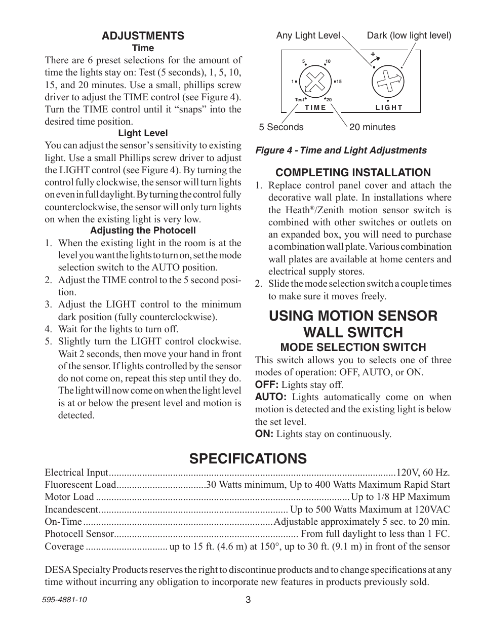 Using motion sensor wall switch, Specifications | Heath Zenith Motion Sensor Wall Switch SL-6105 User Manual | Page 3 / 12