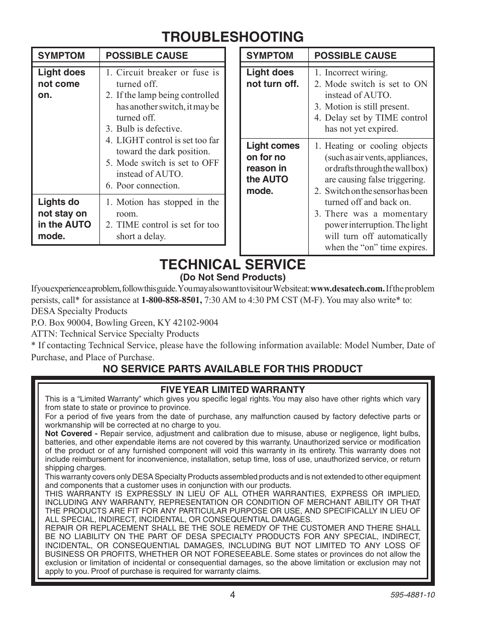 Troubleshooting, Technical service | Heath Zenith Motion Sensor Wall Switch SL-6105 User Manual | Page 4 / 12