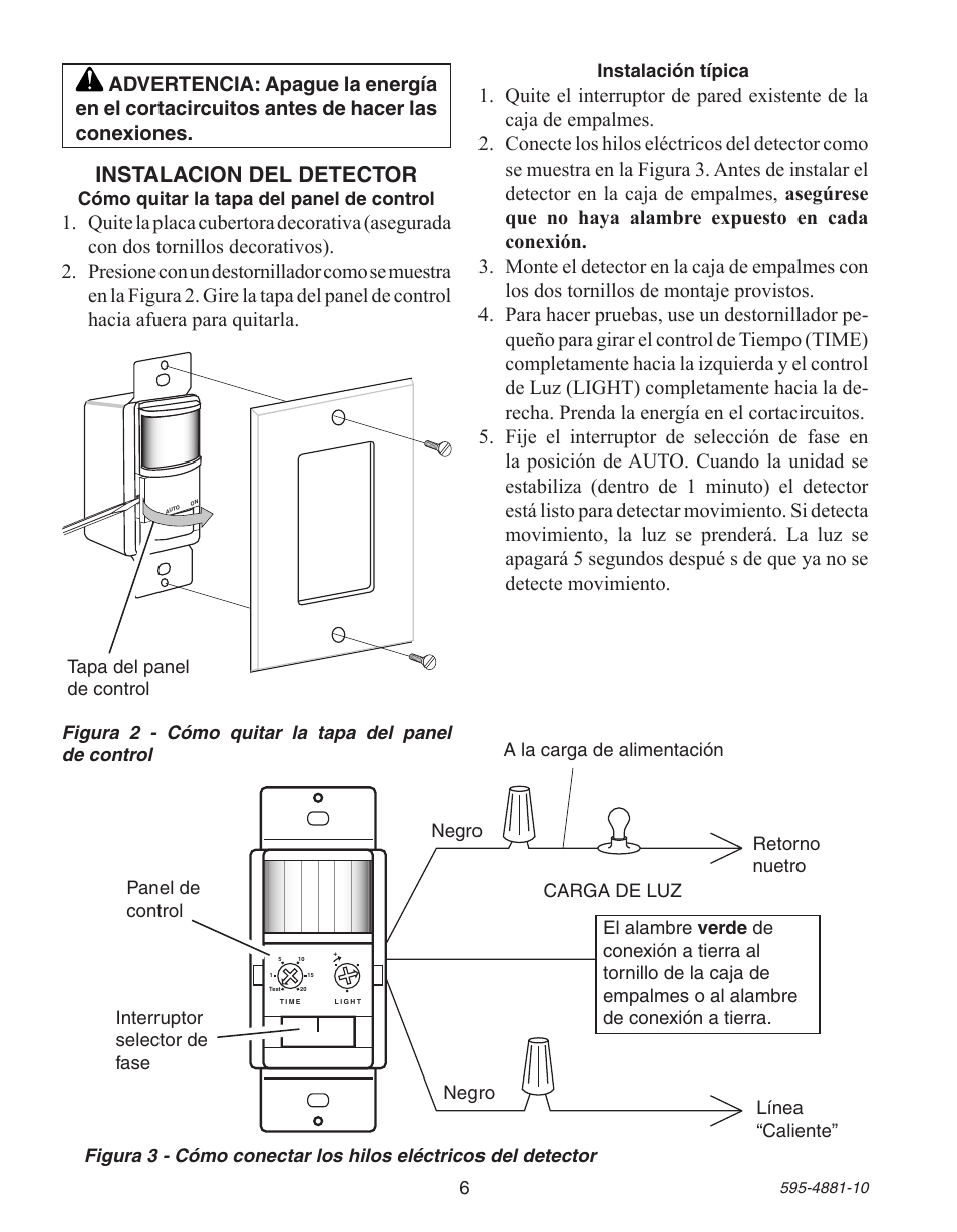 Instalacion del detector | Heath Zenith Motion Sensor Wall Switch SL-6105 User Manual | Page 6 / 12