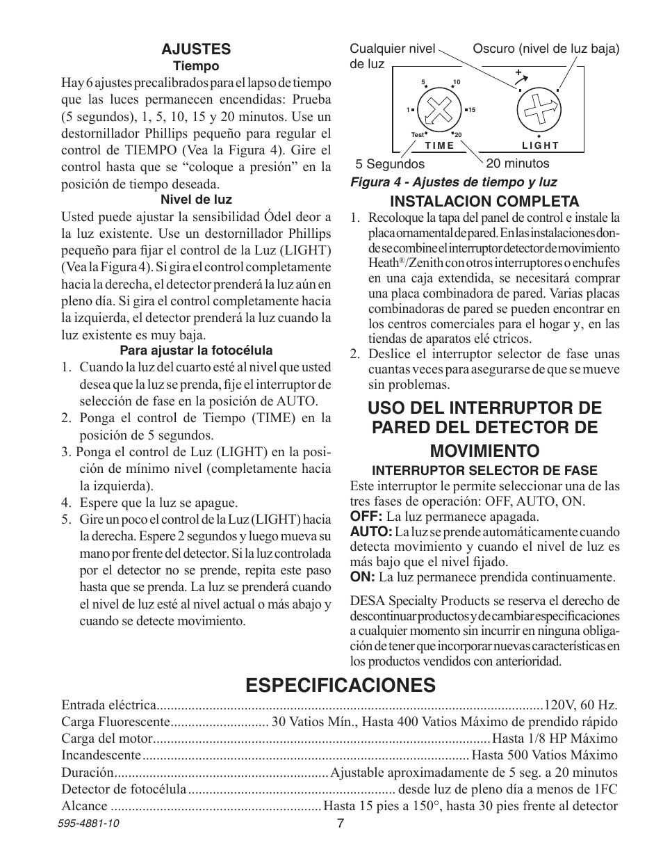 Especificaciones | Heath Zenith Motion Sensor Wall Switch SL-6105 User Manual | Page 7 / 12